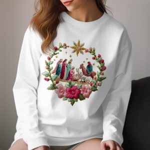 Nativity Scene Long Sleeve T-Shirt, Christmas Shirt, Embroidered Look Long Sleeve Tee, Religious Gift, Holiday Apparel, Christian Clothing