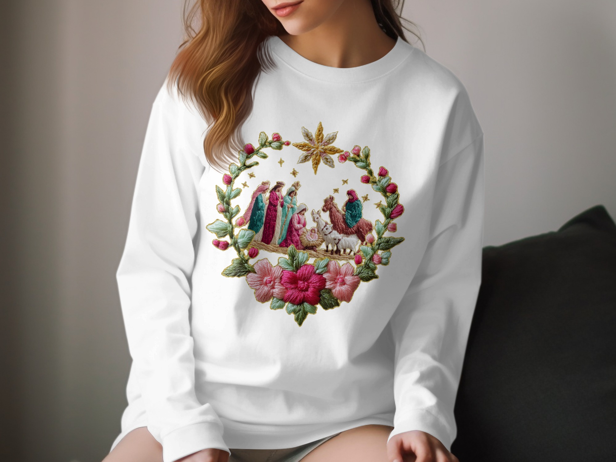 Nativity Scene Long Sleeve T-Shirt, Christmas Shirt, Embroidered Look Long Sleeve Tee, Religious Gift, Holiday Apparel, Christian Clothing