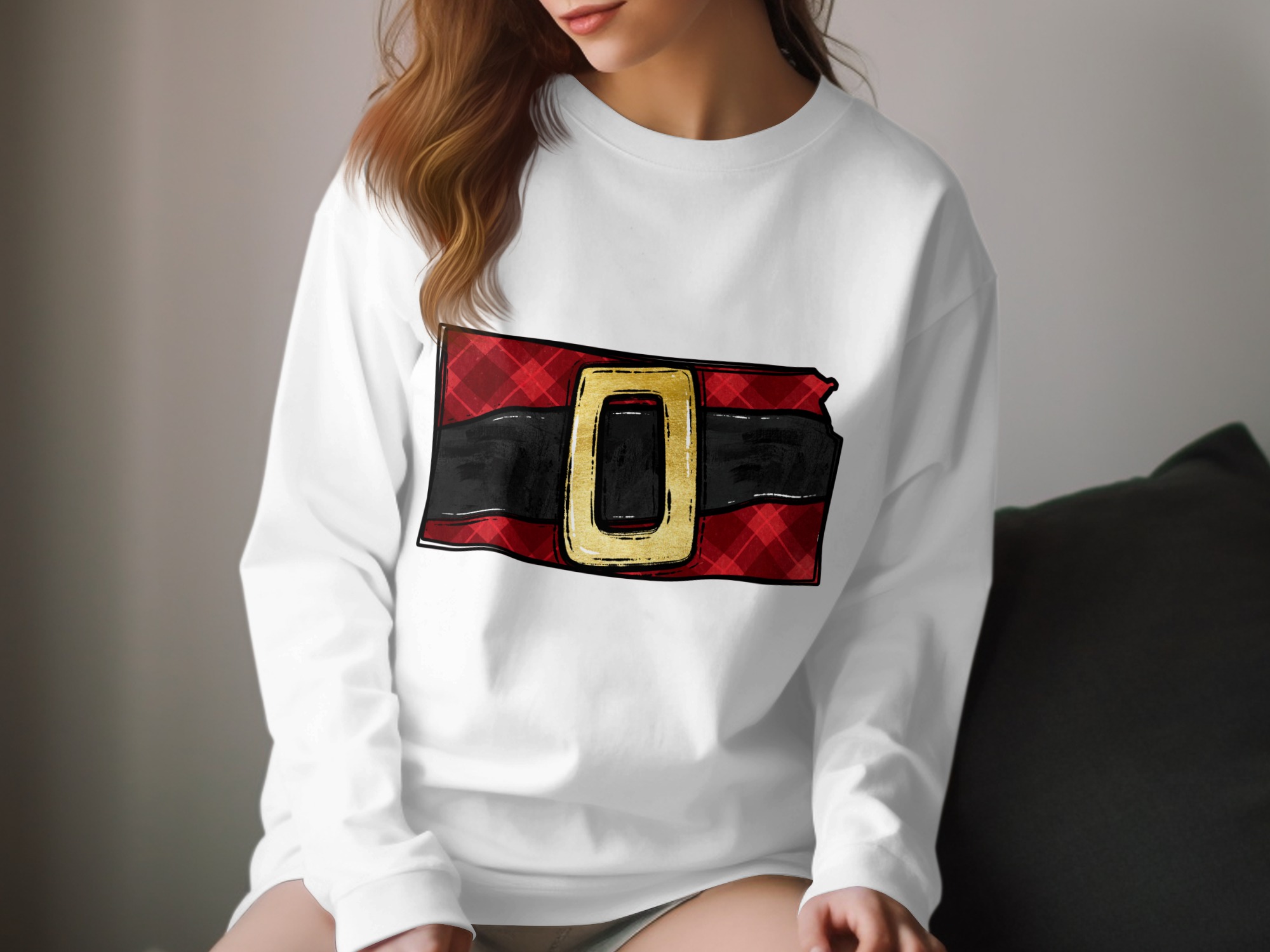 Christmas Santa Belt Plaid Long Sleeve T-Shirt, Festive Holiday Red Plaid Santa Shirt, Winter Christmas Shirt, Santa Costume T-Shirt