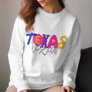 Texas Colorful Long Sleeve T-Shirt, Texas State Pride Retro Graphic, Funky Text Design Shirts, Vintage Style Texas Top, Unique Texas Gift