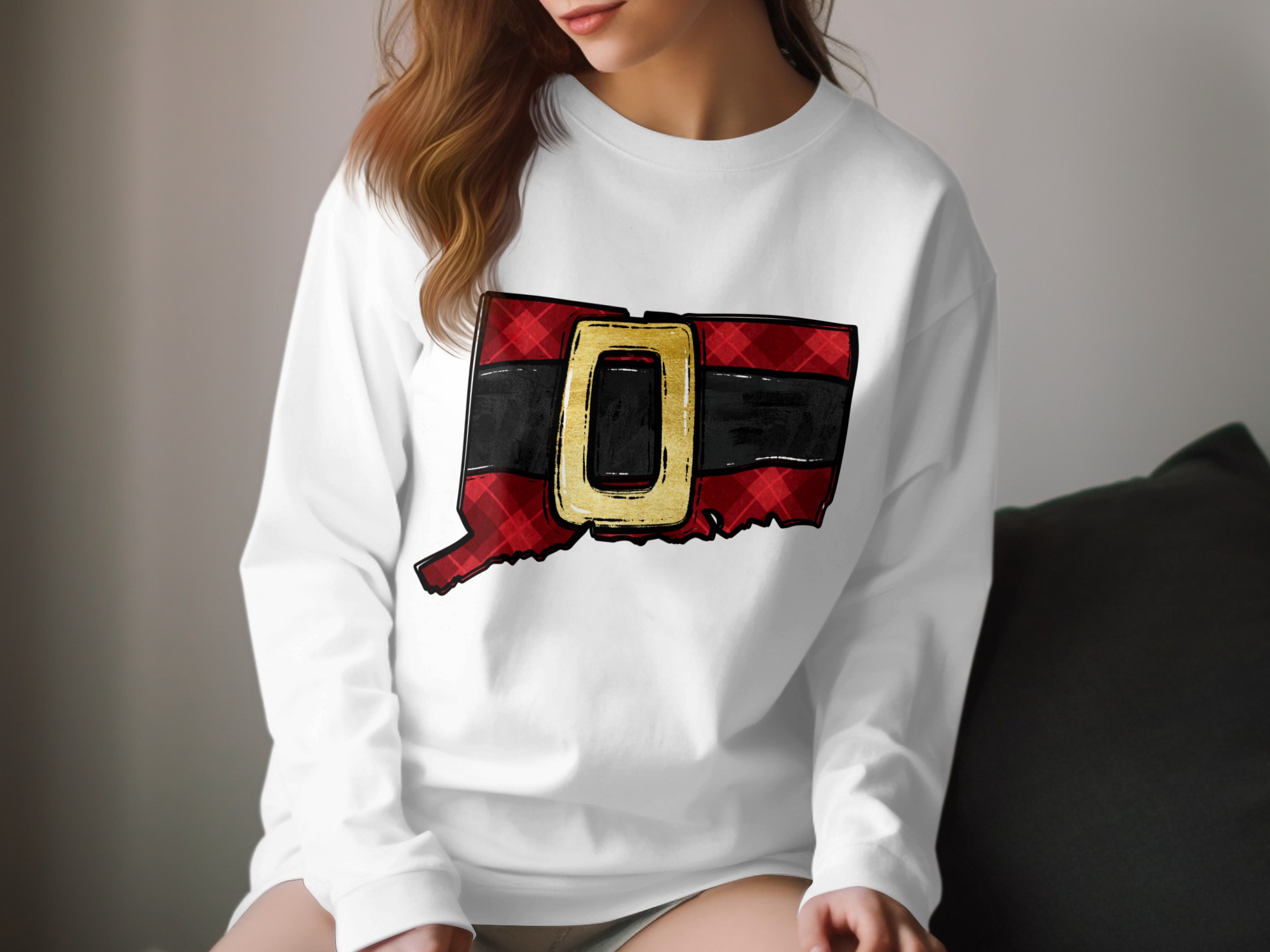 Connecticut Christmas Santa Belt Plaid Long Sleeve T-Shirt, Unique Holiday Spirit Apparel Gift, Cozy Connecticut Festive Shirt