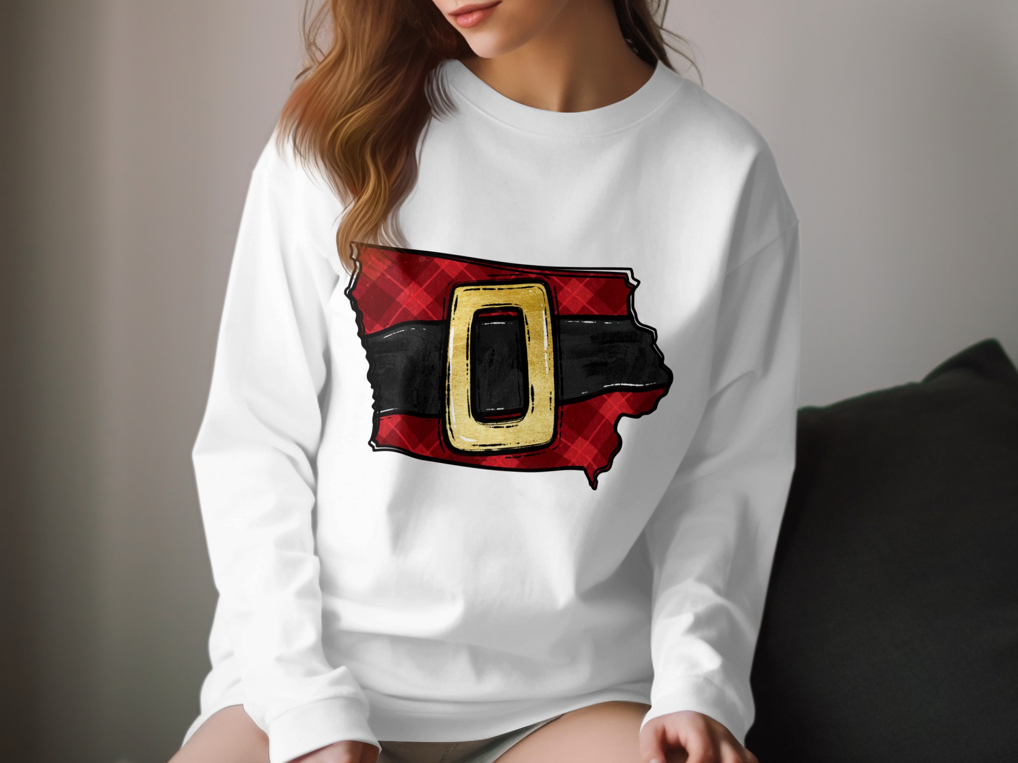 Santa Belt Plaid Design Long Sleeve T-Shirt, Holiday Christmas T-Shirt, Cute Festive Long Sleeve Tee, Unique Christmas Long Sleeve Shirt
