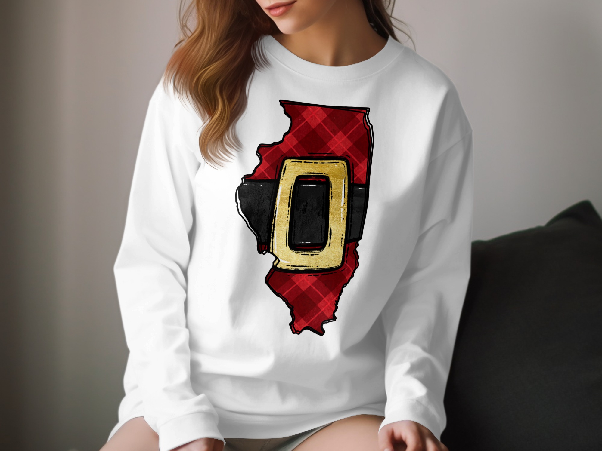Illinois State Christmas Shirt, Santa Belt Plaid Print Shirt, Holiday Long Sleeve Tee, Unisex Christmas Shirt, Christmas Gift Idea
