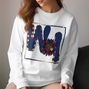 Patriotic W Flower Long Sleeve T-Shirt, Red White Blue Floral Design Tee, Unique Initial Shirt, American Flag Letter Top, USA Pride Gift