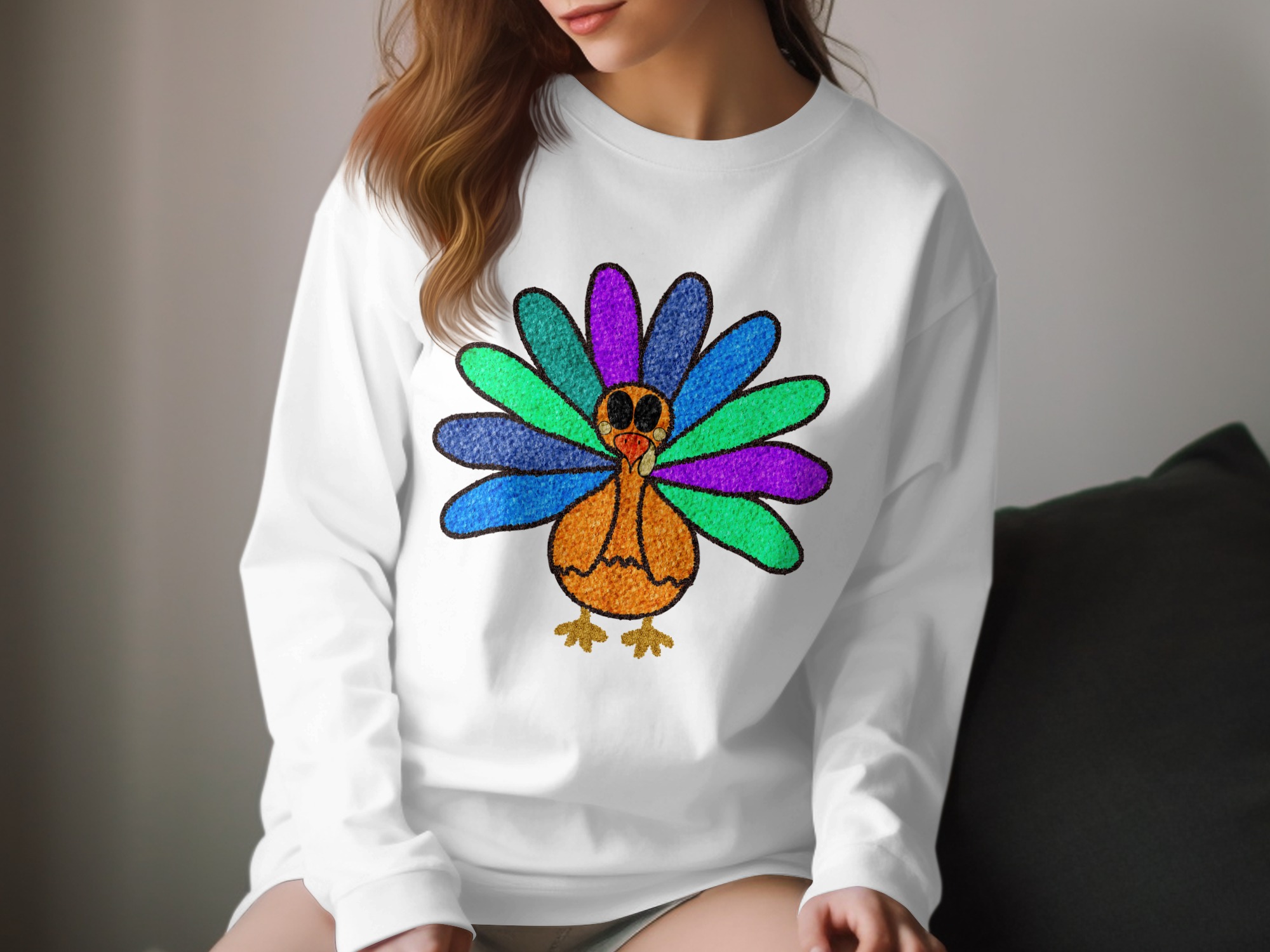 Colorful Turkey Long Sleeve T-Shirt, Thanksgiving Outfit, Funny Turkey Tee, Holiday Gift, Festive Fall Apparel