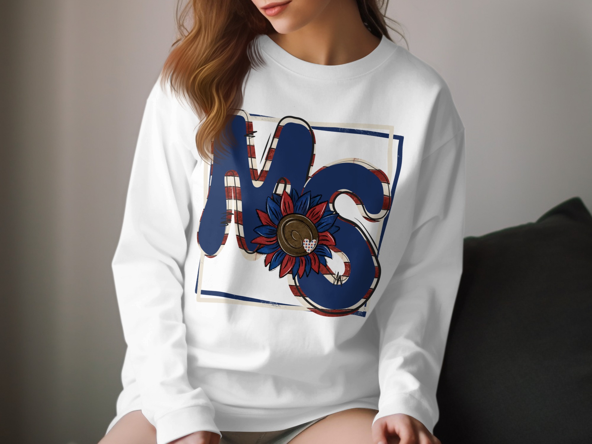 Patriotic MS Long Sleeve T-Shirt, Mississippi Pride Shirt, Sunflower MS Tee, Southern State Shirt, Red White and Blue, USA Theme