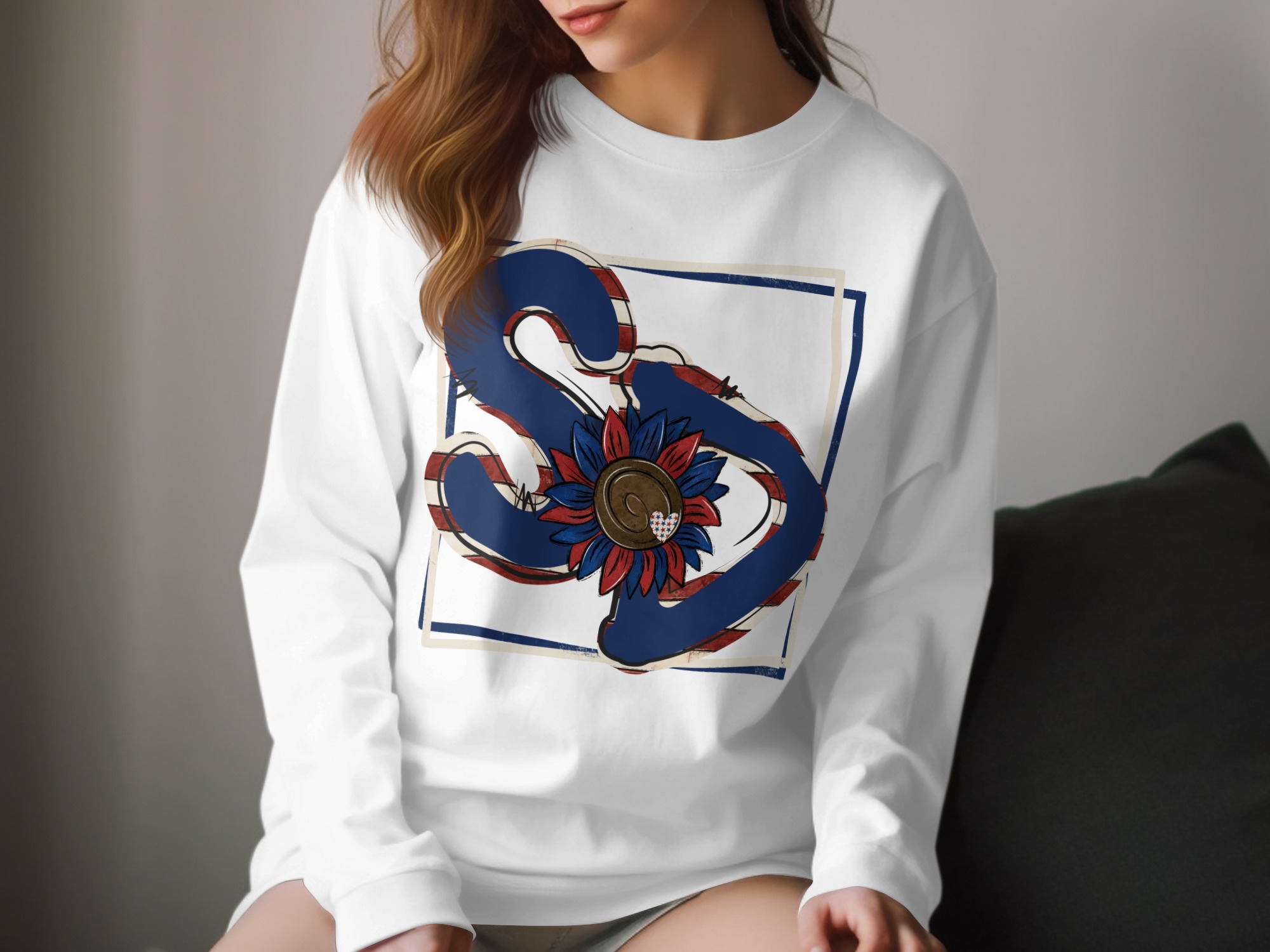 Patriotic Flower Graphic Long Sleeve T-Shirt, Unique Graphic Tee, Red Blue and White Shirt, Cute Long Sleeve Top, American Flower Design
