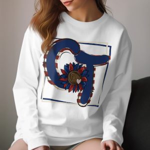 Patriotic Long Sleeve TShirt, Blue Letters with Flower, Unique USA Design T-Shirt, Great Gift for Festive Season, Comfortable Wear
