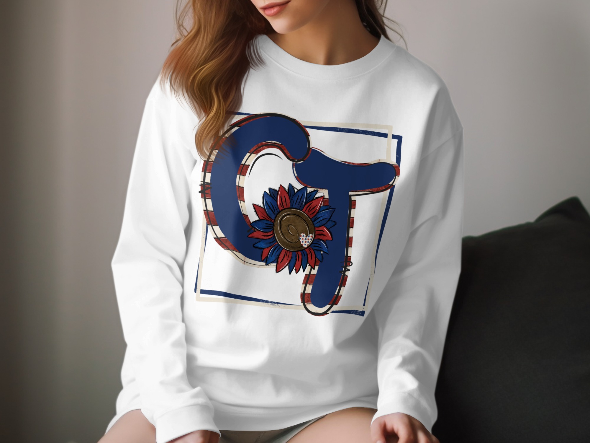 Patriotic Long Sleeve TShirt, Blue Letters with Flower, Unique USA Design T-Shirt, Great Gift for Festive Season, Comfortable Wear