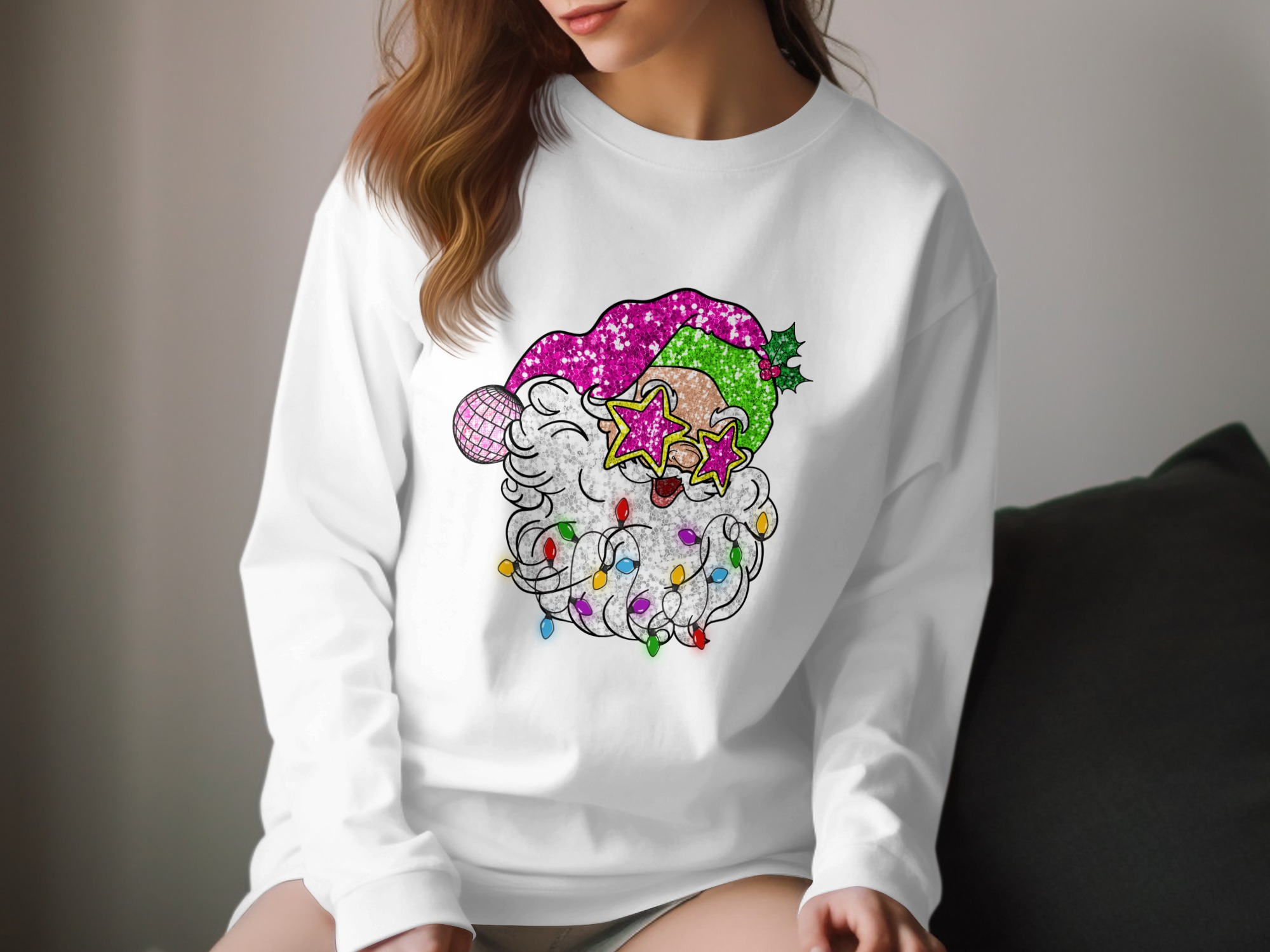 Disco Santa Long Sleeve T-Shirt, Funny Christmas Shirt, Holiday Party Outfit, Star Sunglasses Santa, Festive Santa Shirt, Xmas Long Sleeve