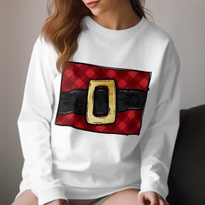Festive Santa Belt Long Sleeve T-Shirt, Christmas Red Plaid Shirt, Cozy Holiday Apparel, Vintage Holiday Fashion, Fun Seasonal Tee