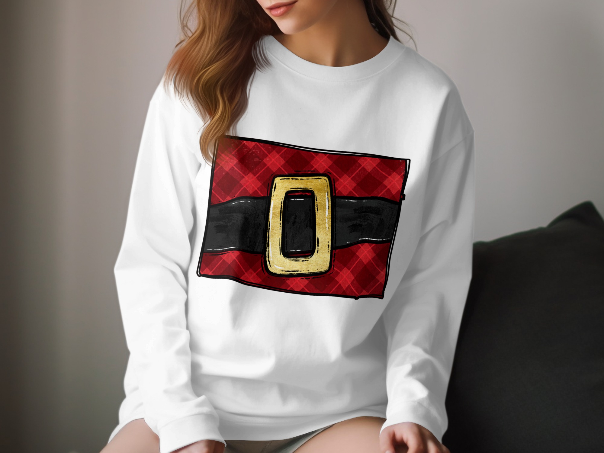 Festive Santa Belt Long Sleeve T-Shirt, Christmas Red Plaid Shirt, Cozy Holiday Apparel, Vintage Holiday Fashion, Fun Seasonal Tee