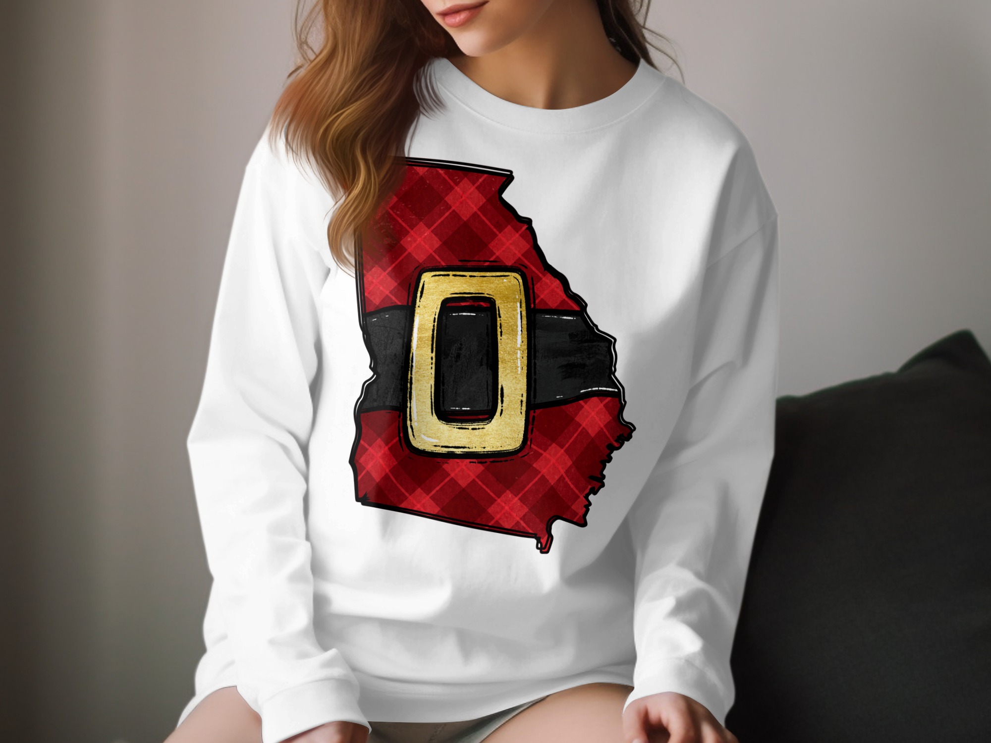 Santa Belt Plaid Georgia State Map Long Sleeve Shirt, Christmas Holiday Georgia Long Sleeve Tee, Festive Santa Belt Plaid T-Shirt