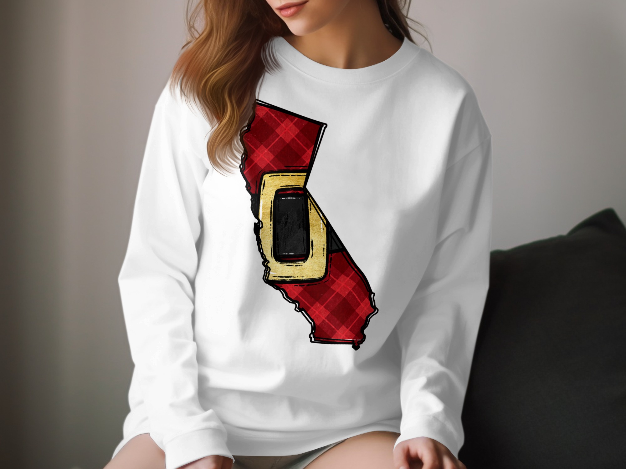 California Red Plaid Long Sleeve T-Shirt, Unique California Map Shirt, Trendy State Design, Fashionable California Christmas Tee
