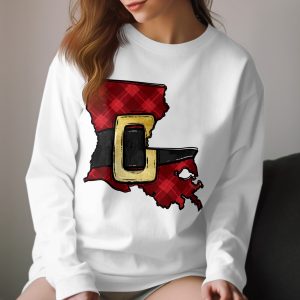 Louisiana Christmas Shirt, Red Plaid Santa Belt Tee, Long Sleeve Holiday Shirt, Festive Xmas Shirt, Southern Christmas Apparel, Cute Gift