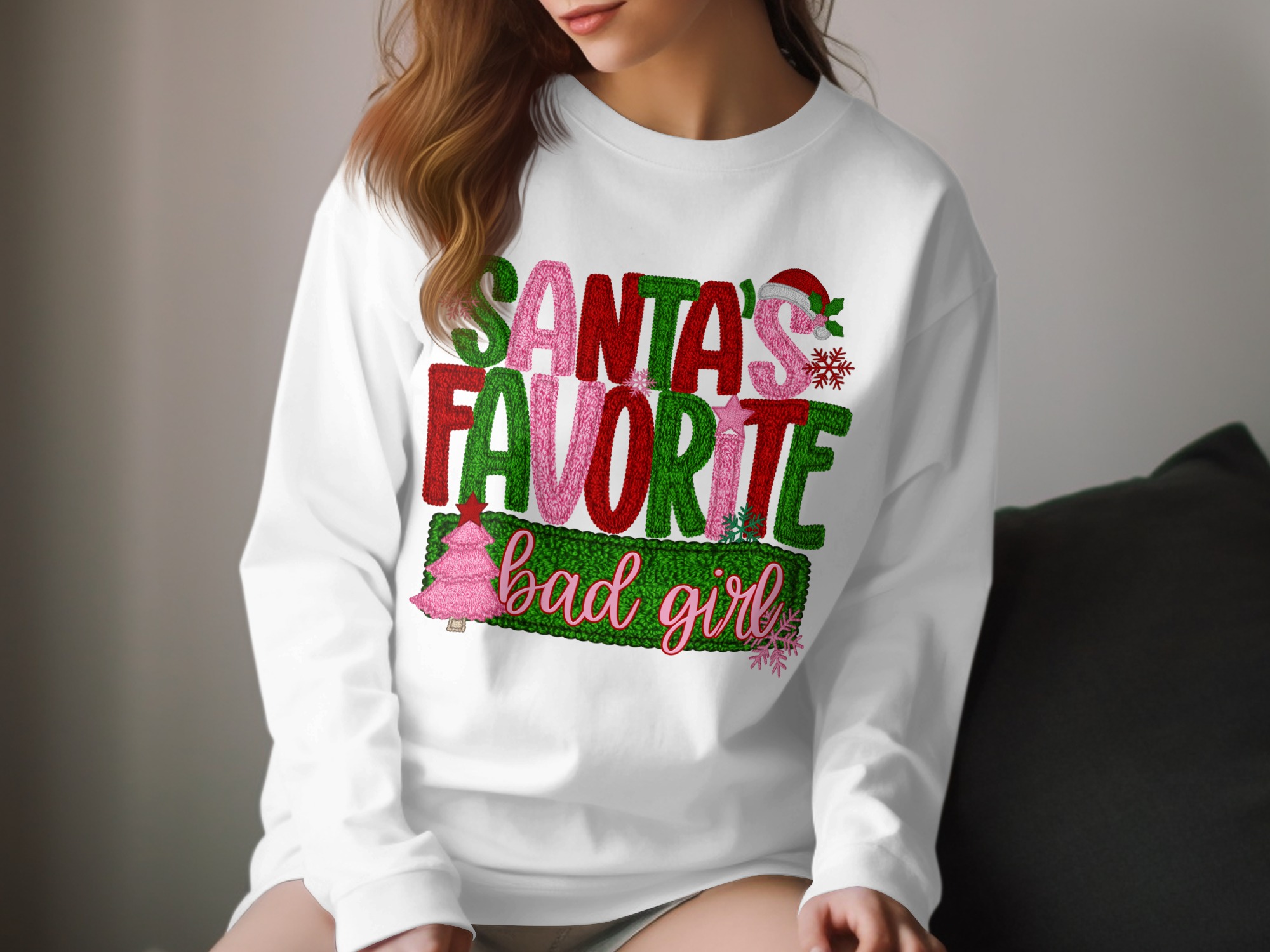 Santa's Favorite Bad Girl Christmas Long Sleeve T-Shirt, Funny Christmas Shirt, Holiday Tee, Christmas Party Long Sleeve Top