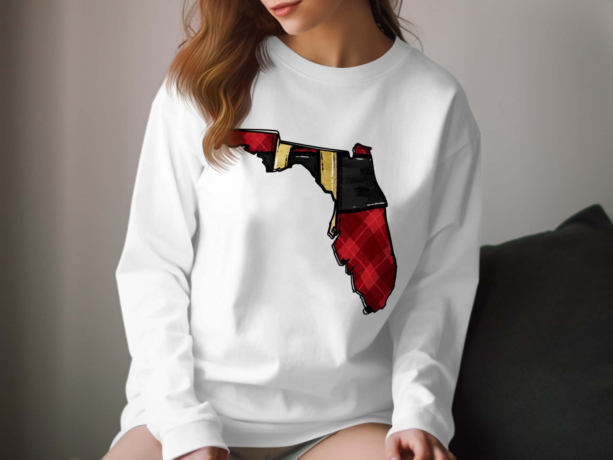 Florida State Map Long Sleeve T-Shirt, Plaid Pattern Florida Shirt, Unique Florida Gift Shirt, Comfy Casual Florida Tee, Fun Graphic Print