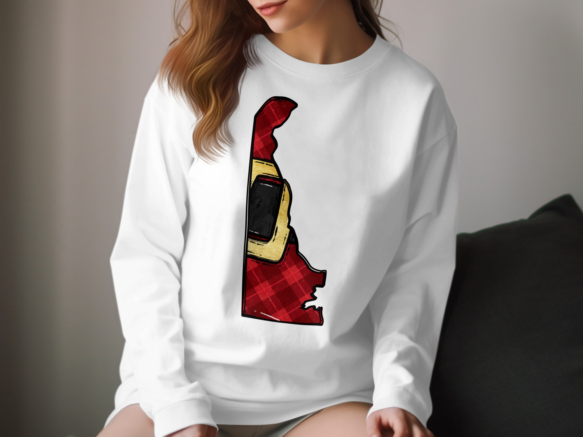 Delaware State Shape Long Sleeve T-Shirt, Christmas Plaid Santa Belt Design, Festive Holiday Apparel, Unique Seasonal Gift Idea