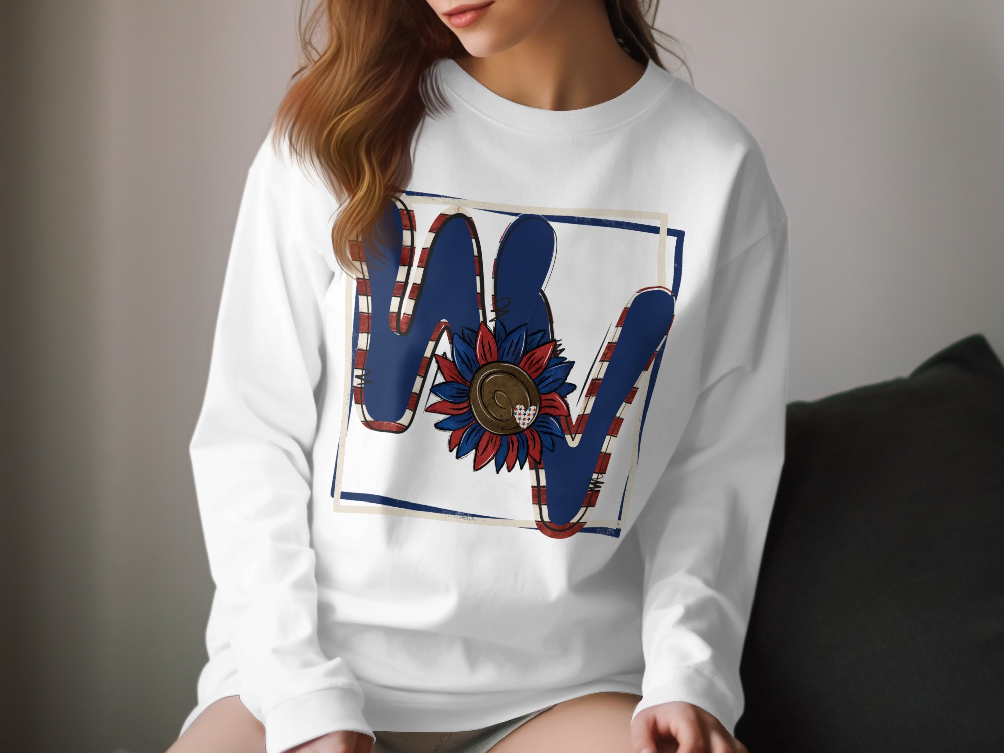 Patriotic Floral Long Sleeve T-Shirt, Unique American Flag Design, Independence Day Outfit, Stylish USA Flower Graphic Tee
