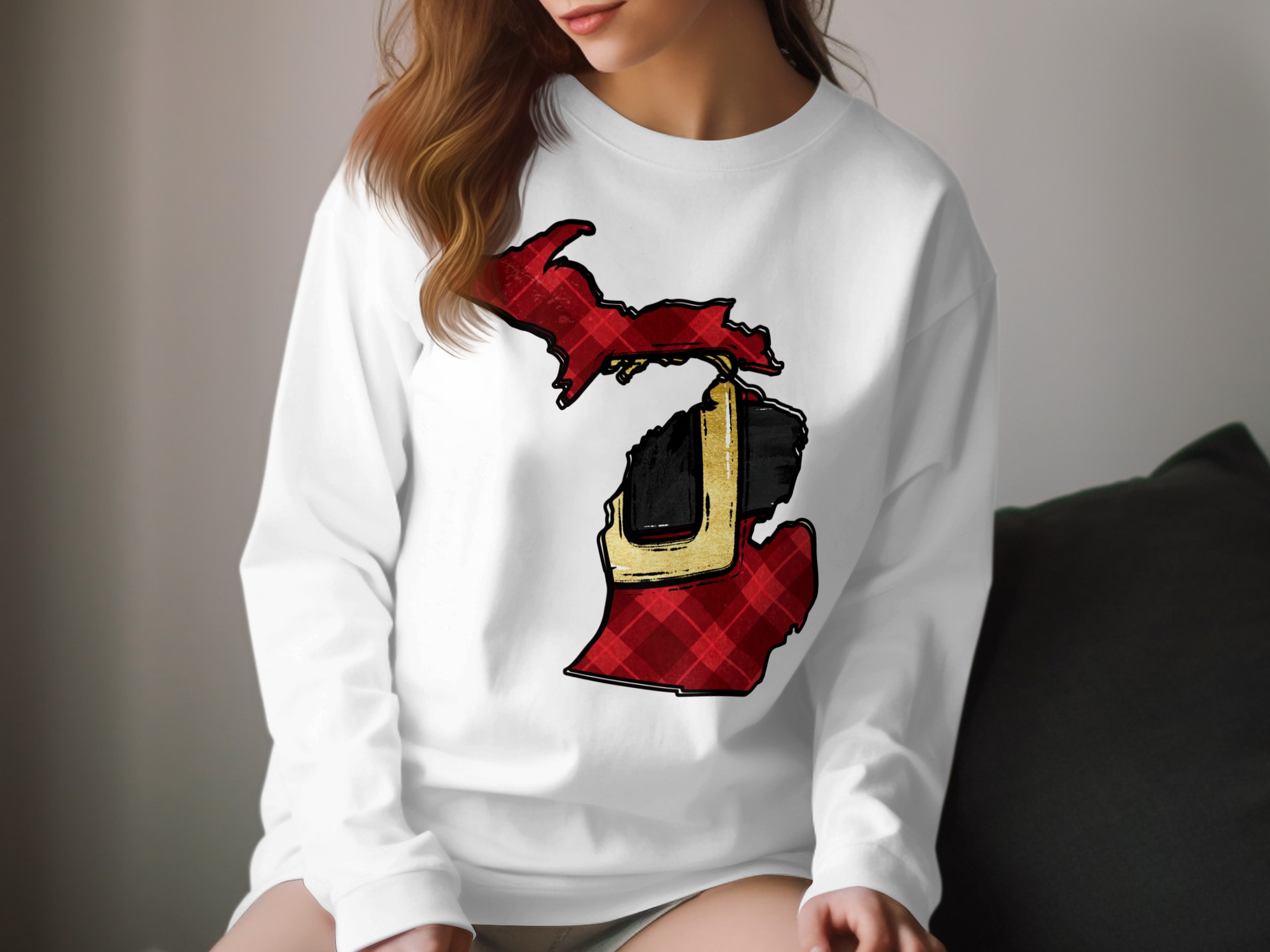 Michigan Plaid Red State Outline Long Sleeve T-Shirt, Unique Michigan Map Design Tee, Upper Peninsula Style Shirt, Michigan Gift