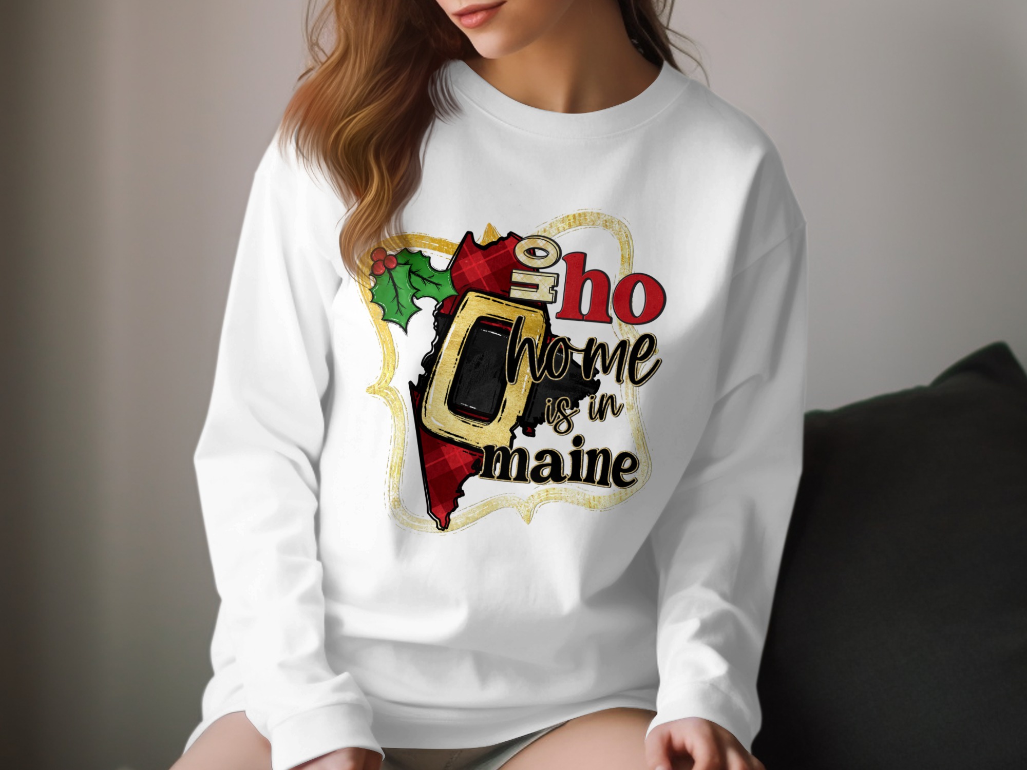 Maine Christmas Long Sleeve T-Shirt, Ho Ho Home, Santa Belt, Maine State Pride, Holiday Gift Idea, Festive Season Apparel