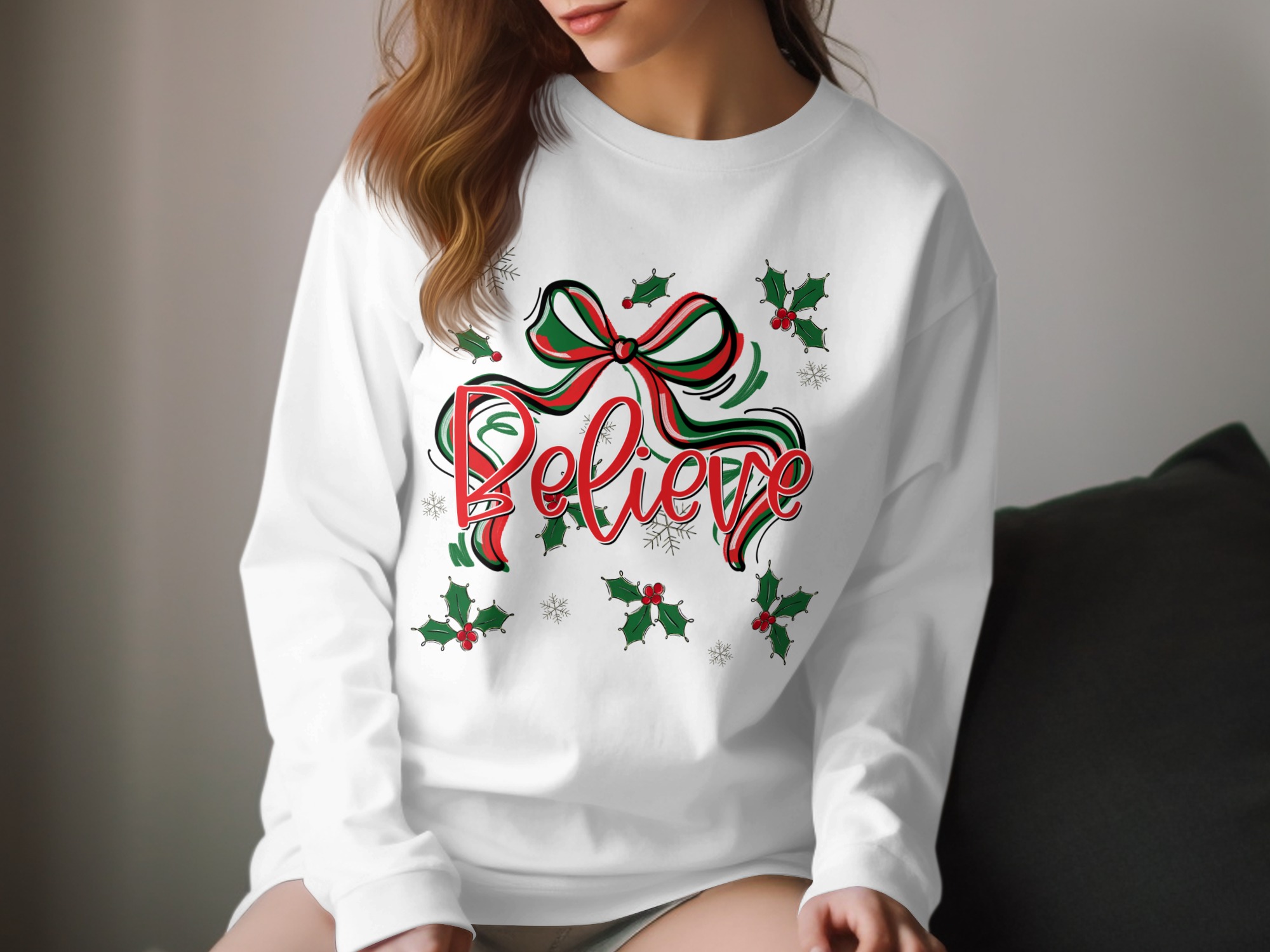 Believe Christmas Long Sleeve T-Shirt, Holiday Season Shirt, Winter Shirt, Holly and Bow Shirt, Festive Shirt, Gift Idea for Xmas