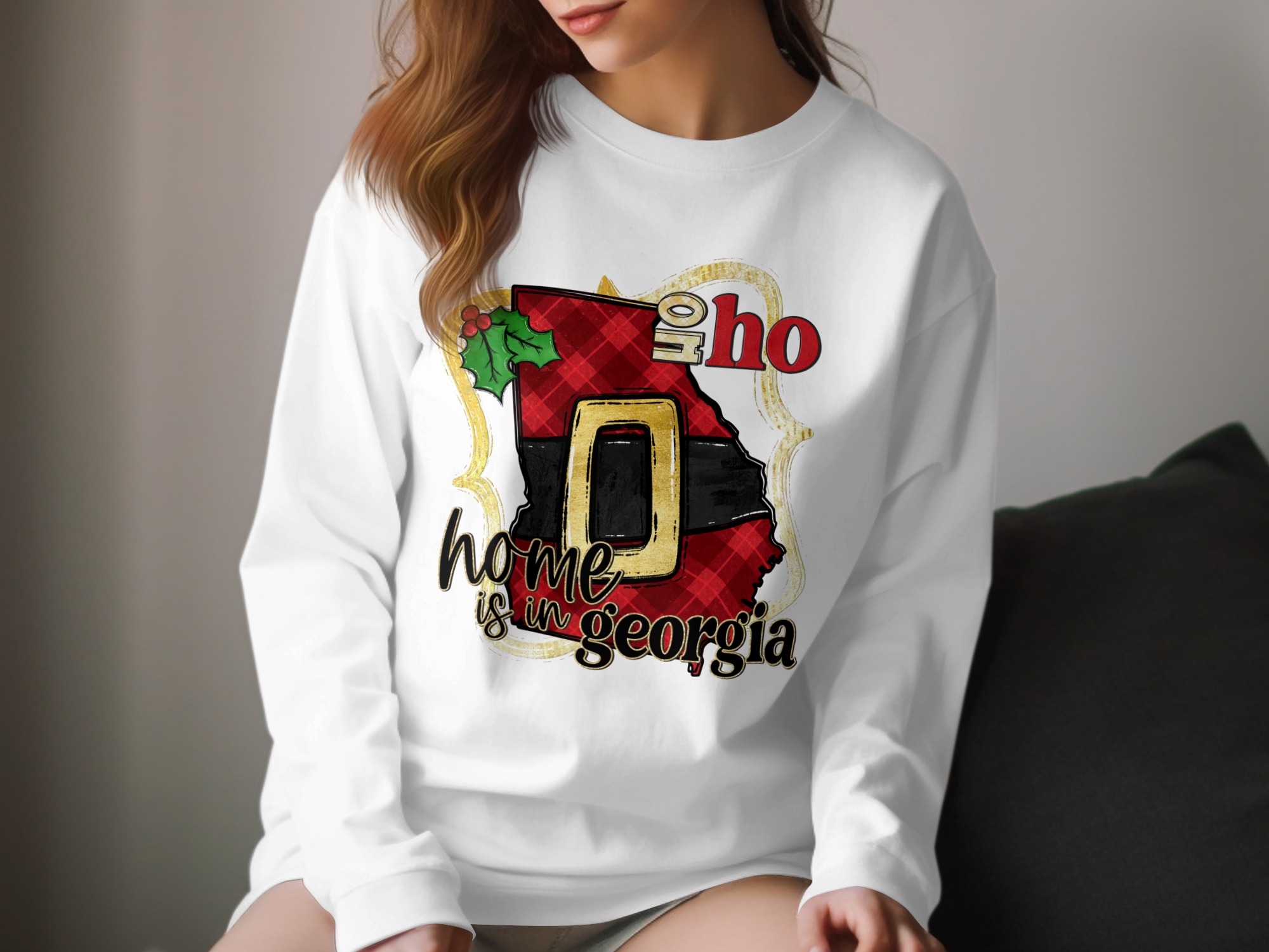 Home is in Georgia Long Sleeve T-Shirt, Ho Ho Ho, Christmas Georgia State Pride, Santa Belt, Georgia Gift, Holiday Shirt
