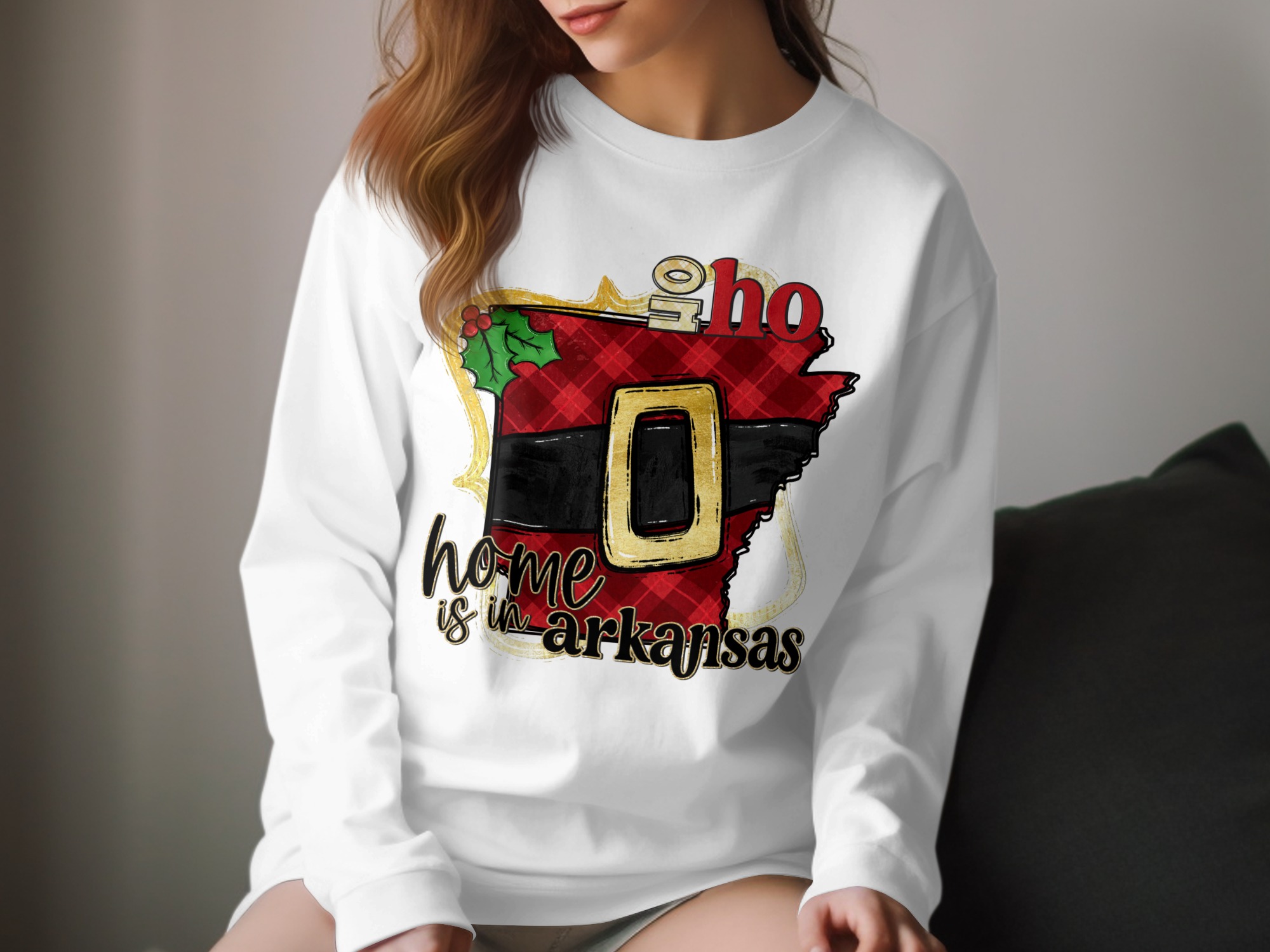 Arkansas Christmas Long Sleeve T-Shirt, Santa Belt State Pride Tee, Home State Holiday Shirt, Ho Ho Home Arkansas Shirt