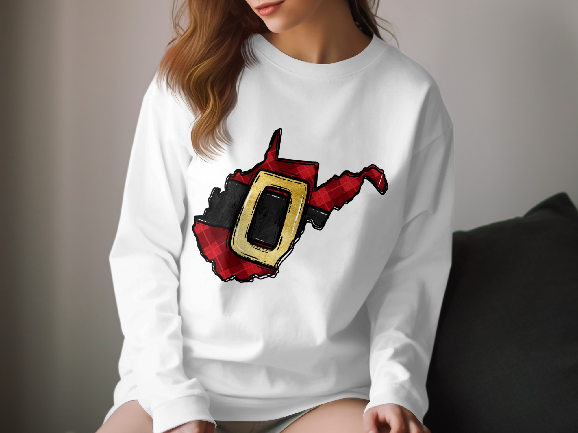 West Virginia Santa Belt Long Sleeve T-Shirt, Plaid State Christmas Shirt, Holiday Tee, State Pride Gift, Country Roads Christmas