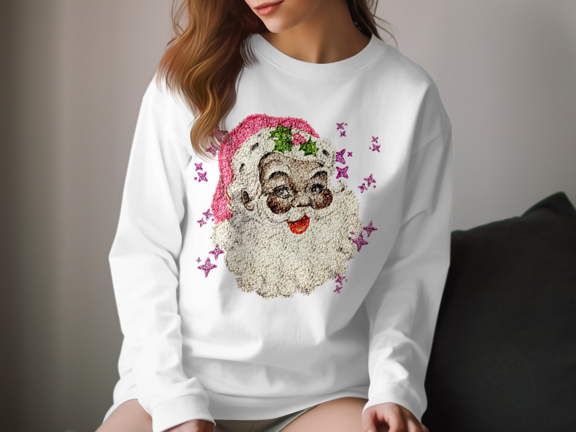 Retro Santa Long Sleeve T-Shirt, Vintage Christmas Tee, Holiday Shirt, Festive Apparel, Santa Claus Design, Sparkly Stars, Xmas Gift Idea