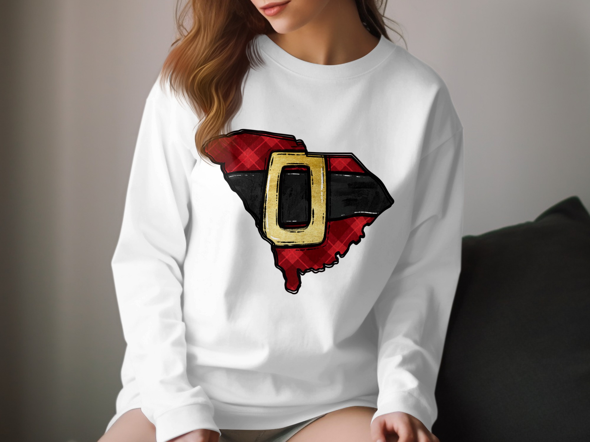 South Carolina Santa Belt Long Sleeve T-Shirt, Plaid SC Christmas, Holiday Gift Idea, Southern Pride, State Map Apparel