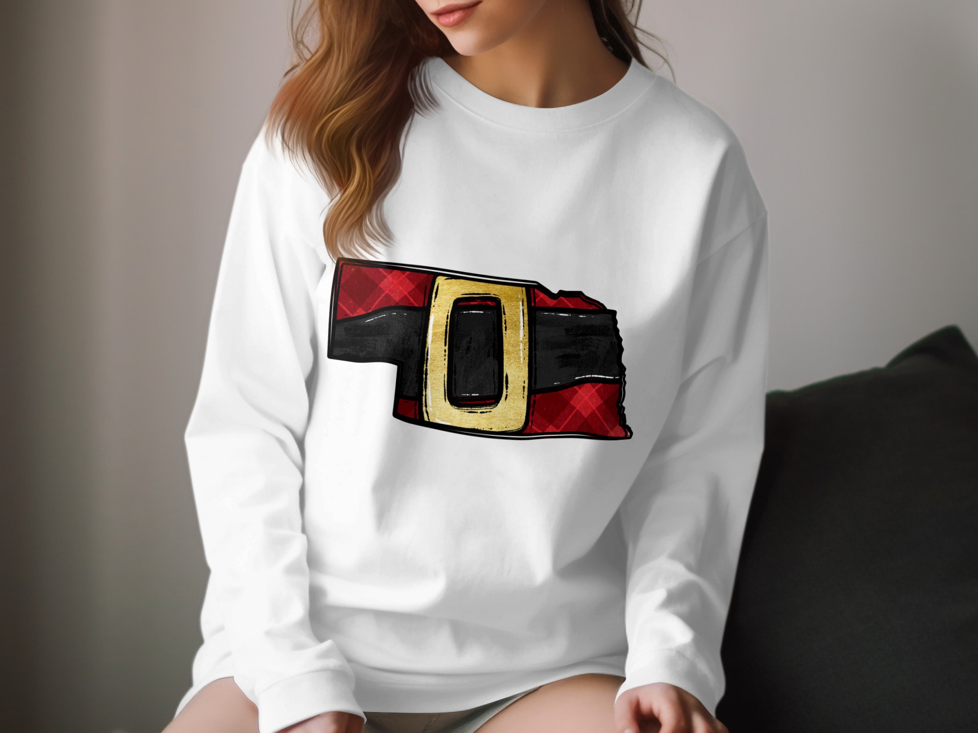 Nebraska Santa Belt Long Sleeve T-Shirt, Holiday Apparel, State Pride, Christmas Gift Idea, Festive Shirt, Winter Fashion