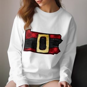 Pennsylvania Santa Belt Long Sleeve T-Shirt, Plaid Holiday Shirt, PA Christmas Gift, State Pride Tee, Festive Winter Apparel