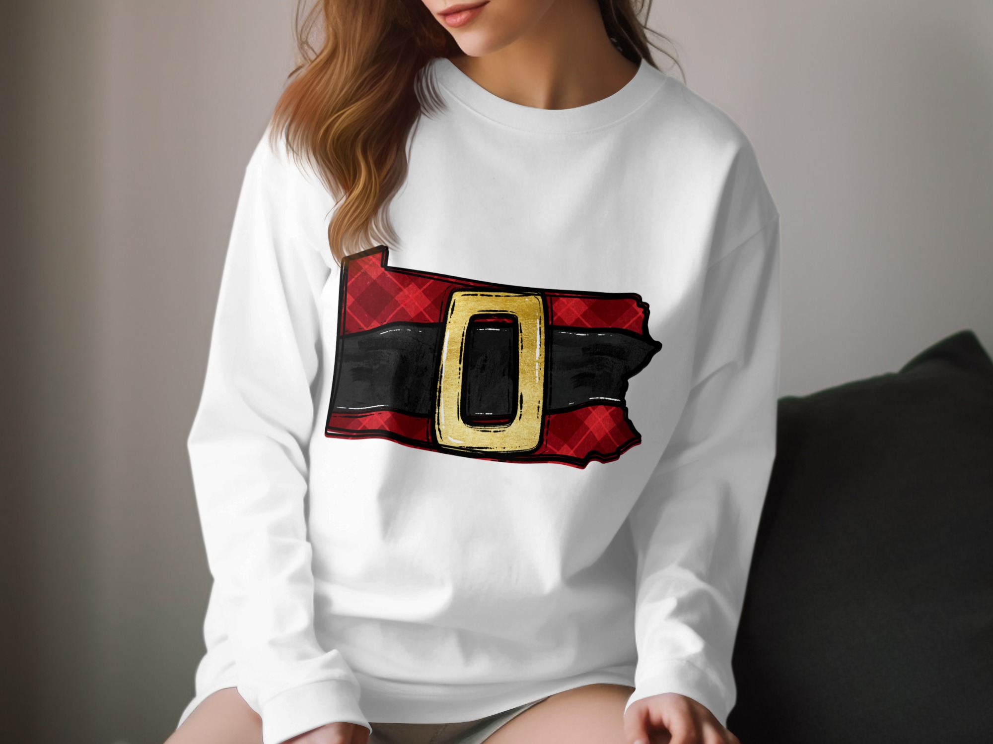 Pennsylvania Santa Belt Long Sleeve T-Shirt, Plaid Holiday Shirt, PA Christmas Gift, State Pride Tee, Festive Winter Apparel
