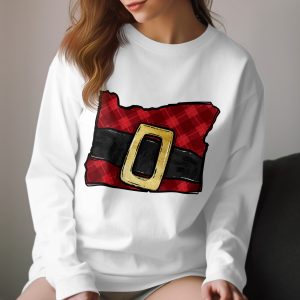 Oregon Santa Belt Long Sleeve T-Shirt, Plaid State Outline, Holiday Shirt, Christmas Gift, Festive Apparel, Oregon Pride
