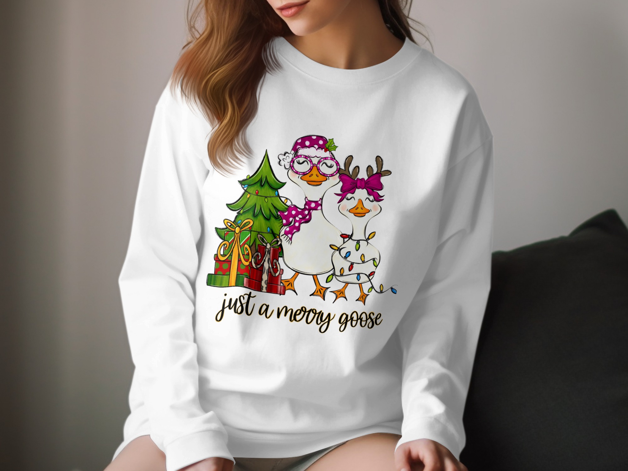 Just a Merry Goose Long Sleeve T-Shirt, Christmas Goose Shirt, Holiday Season Tee, Cute Goose, Animal Long Sleeve Shirt