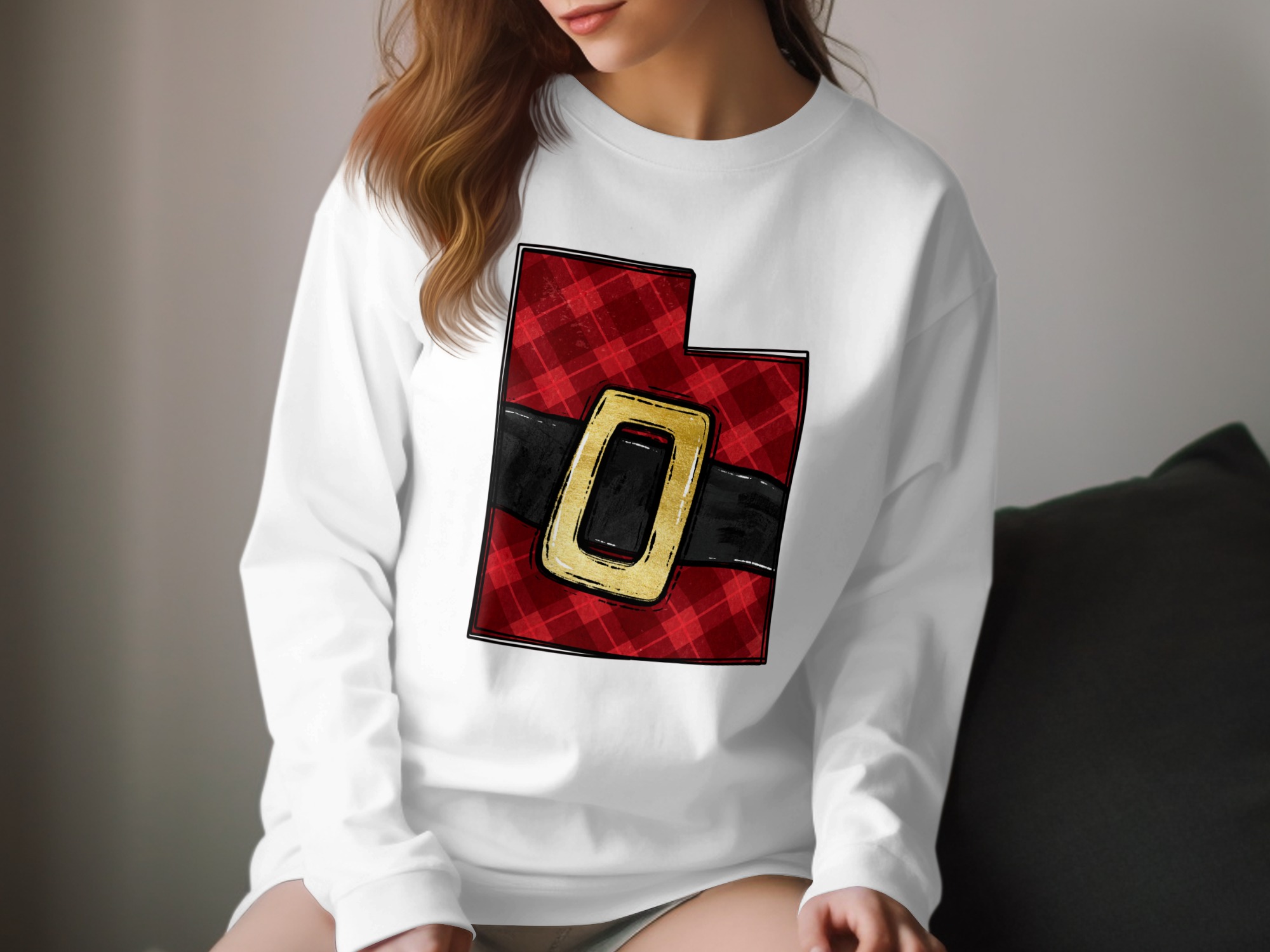 Utah Santa Belt Long Sleeve T-Shirt, Christmas Plaid State Tee, Holiday Apparel, Festive Utah Gift, Red Plaid Design, Utah Pride