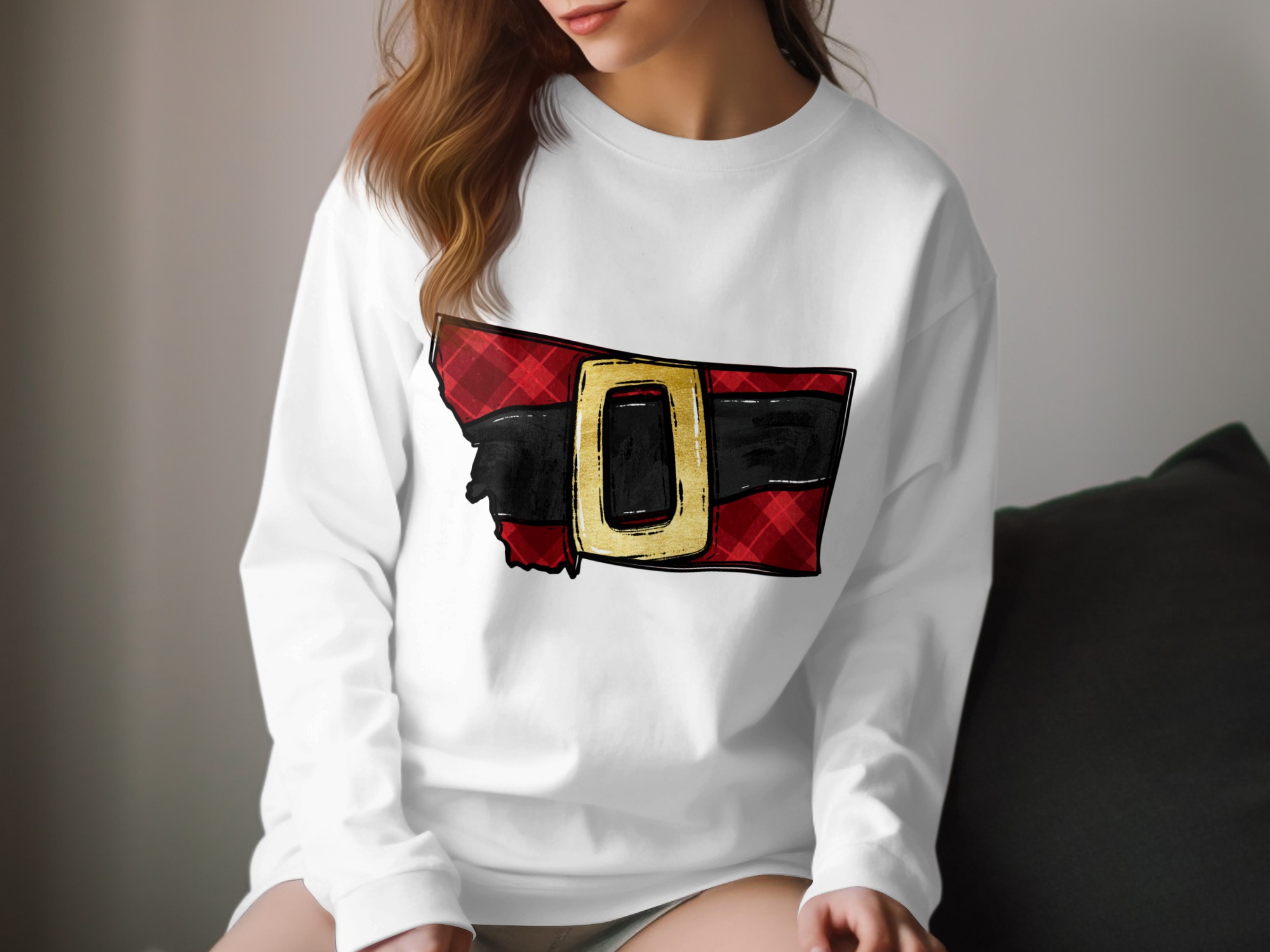 Montana Santa Belt Long Sleeve T-Shirt, Plaid Christmas Montana Shirt, Holiday Season State Pride, Winter Long Sleeve T Shirt