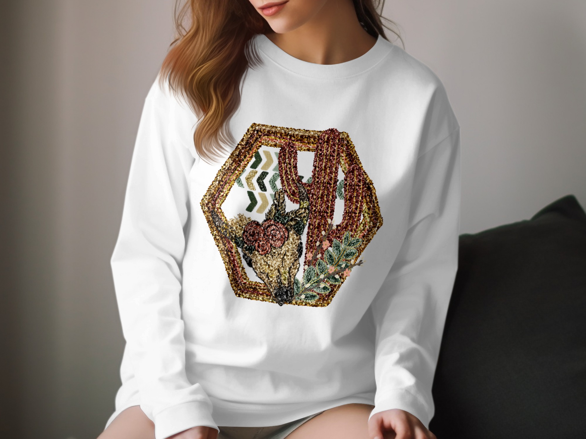 Floral Bull Skull Long Sleeve T-Shirt, Boho Western Tee, Desert Cactus, Southwestern Style Shirt, Country Fashion Top, Unique Gift Idea