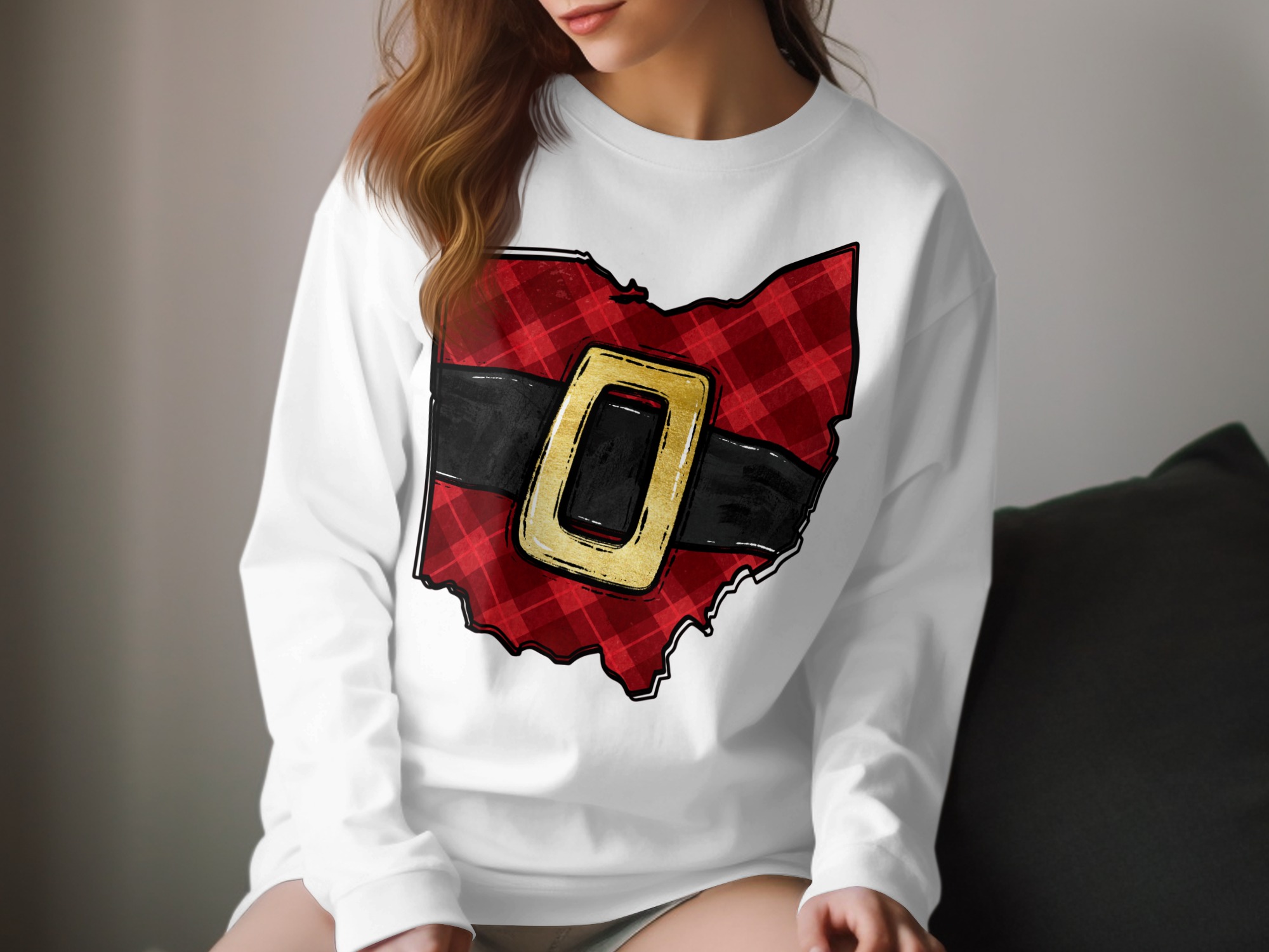 Ohio Santa Belt Long Sleeve T-Shirt, Plaid Christmas Shirt, Holiday Gift, State Pride Apparel, Festive Winter Top