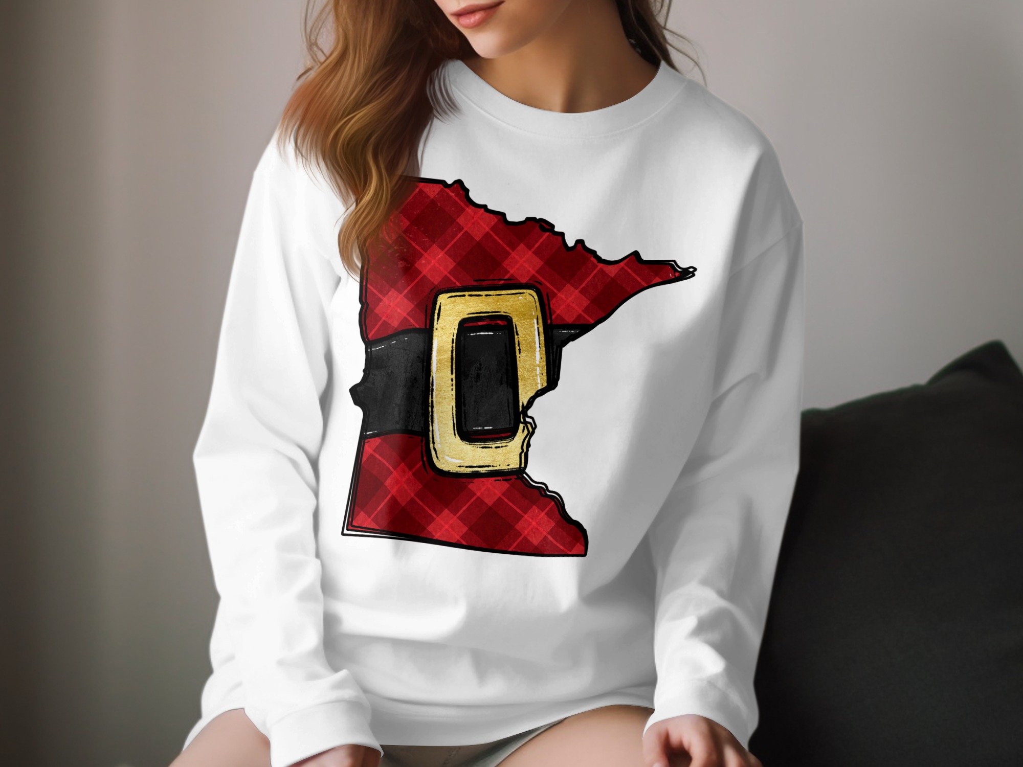 Minnesota Christmas Long Sleeve T-Shirt, Plaid State Santa Belt Apparel, Holiday Graphic Tee, MN Lover Gift, Festive Winter Clothes