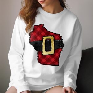 Wisconsin Santa Suit Long Sleeve T-Shirt, Plaid State Christmas Shirt, WI Santa Belt Tee, Festive State Pride, Holiday Gift Idea