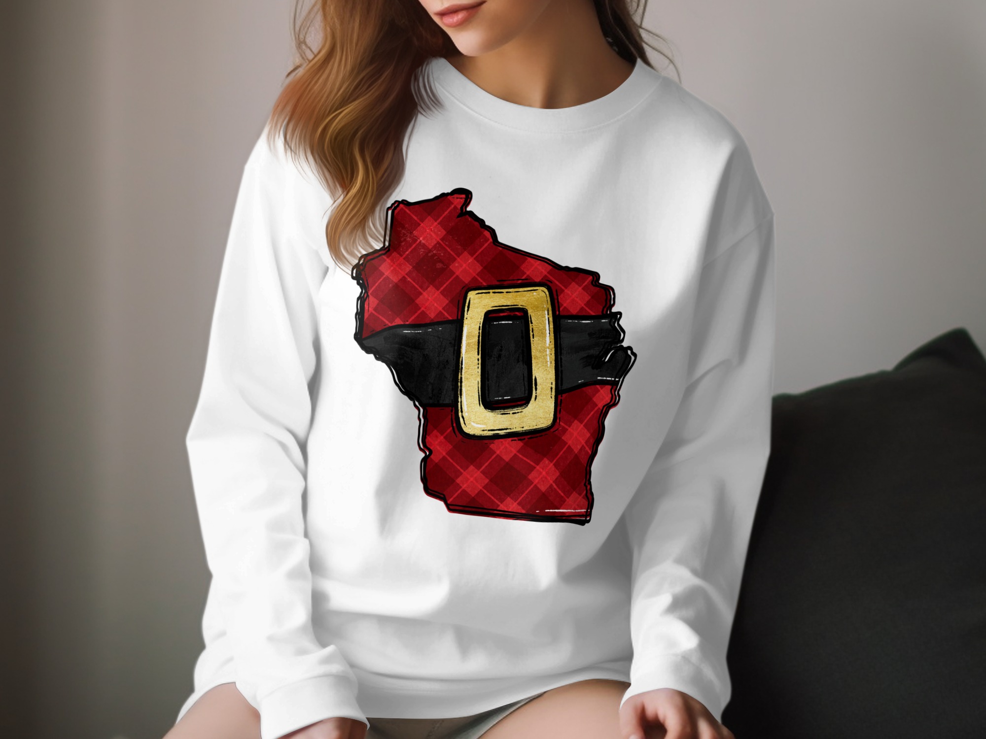 Wisconsin Santa Suit Long Sleeve T-Shirt, Plaid State Christmas Shirt, WI Santa Belt Tee, Festive State Pride, Holiday Gift Idea