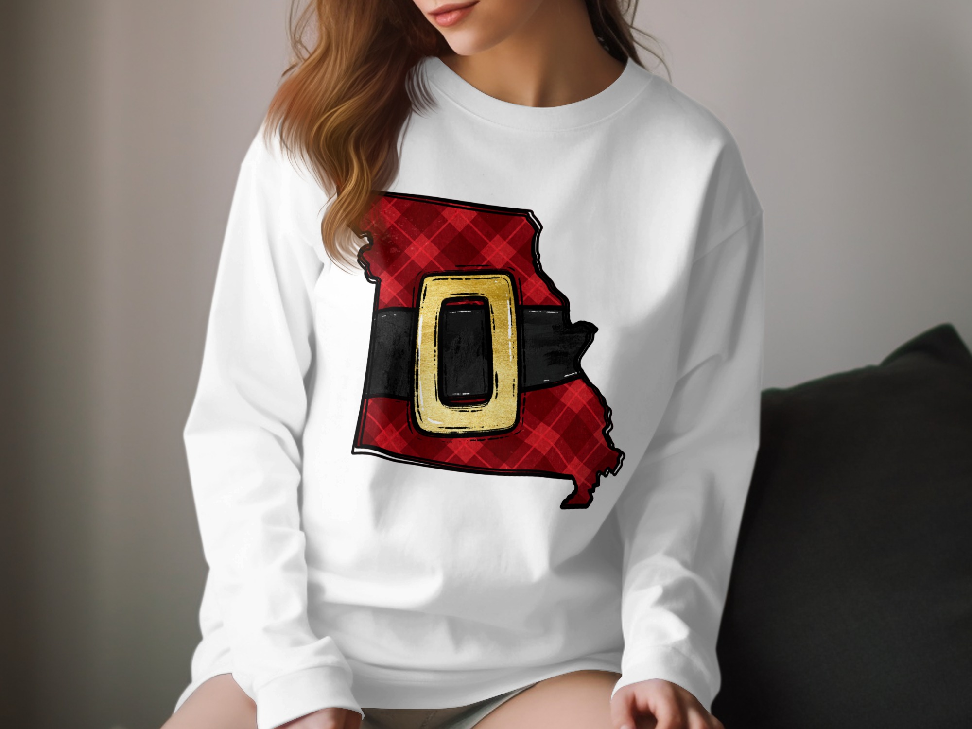 Missouri Christmas Long Sleeve T-Shirt, Santa Belt State Outline Tee, Plaid Holiday Shirt, Missouri Gift Idea, State Pride