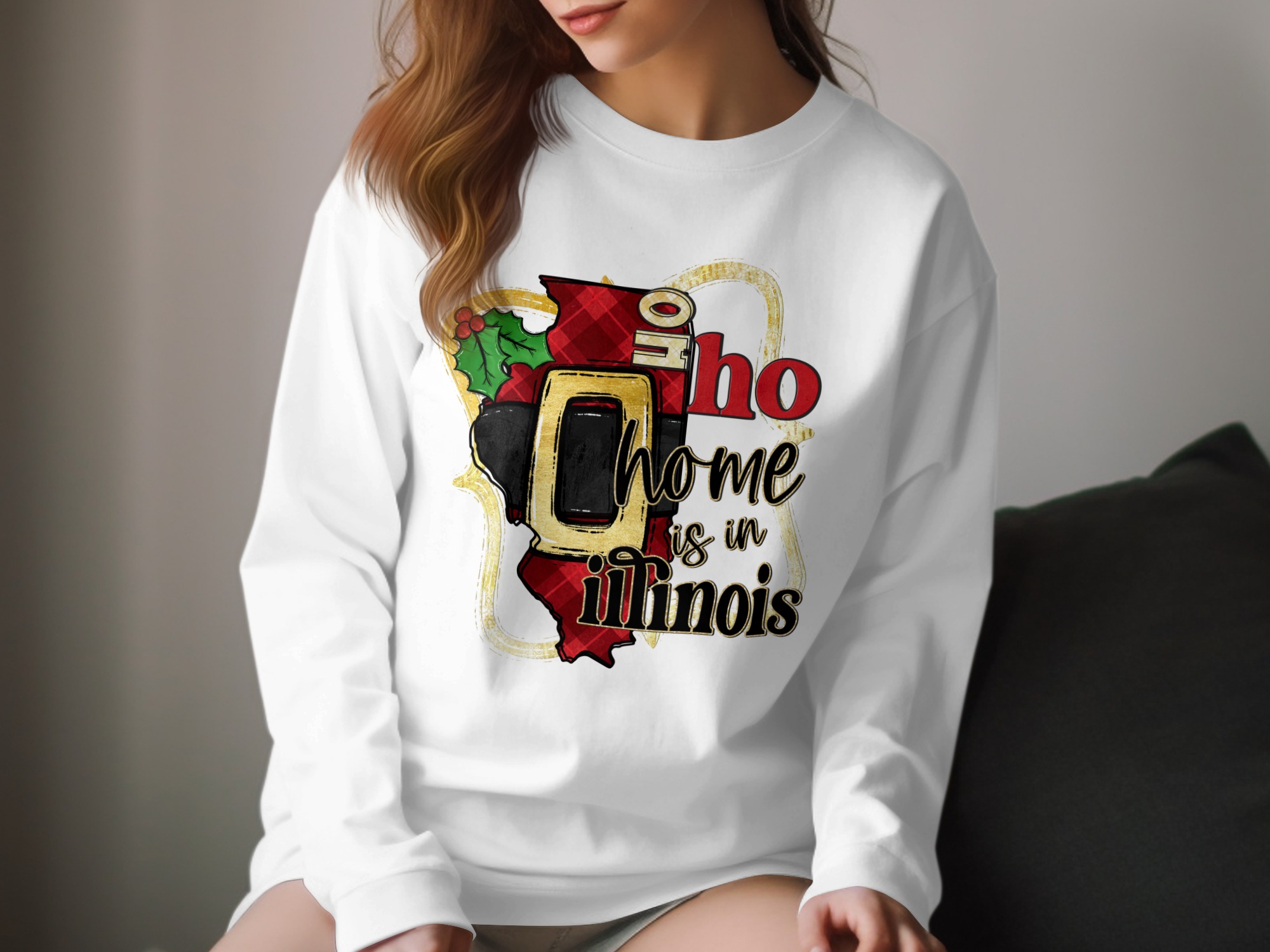 Illinois Home Long Sleeve T-Shirt, State Pride Shirt, Christmas in Illinois Tee, Holiday Tee, Illinois Gift, Hometown Apparel