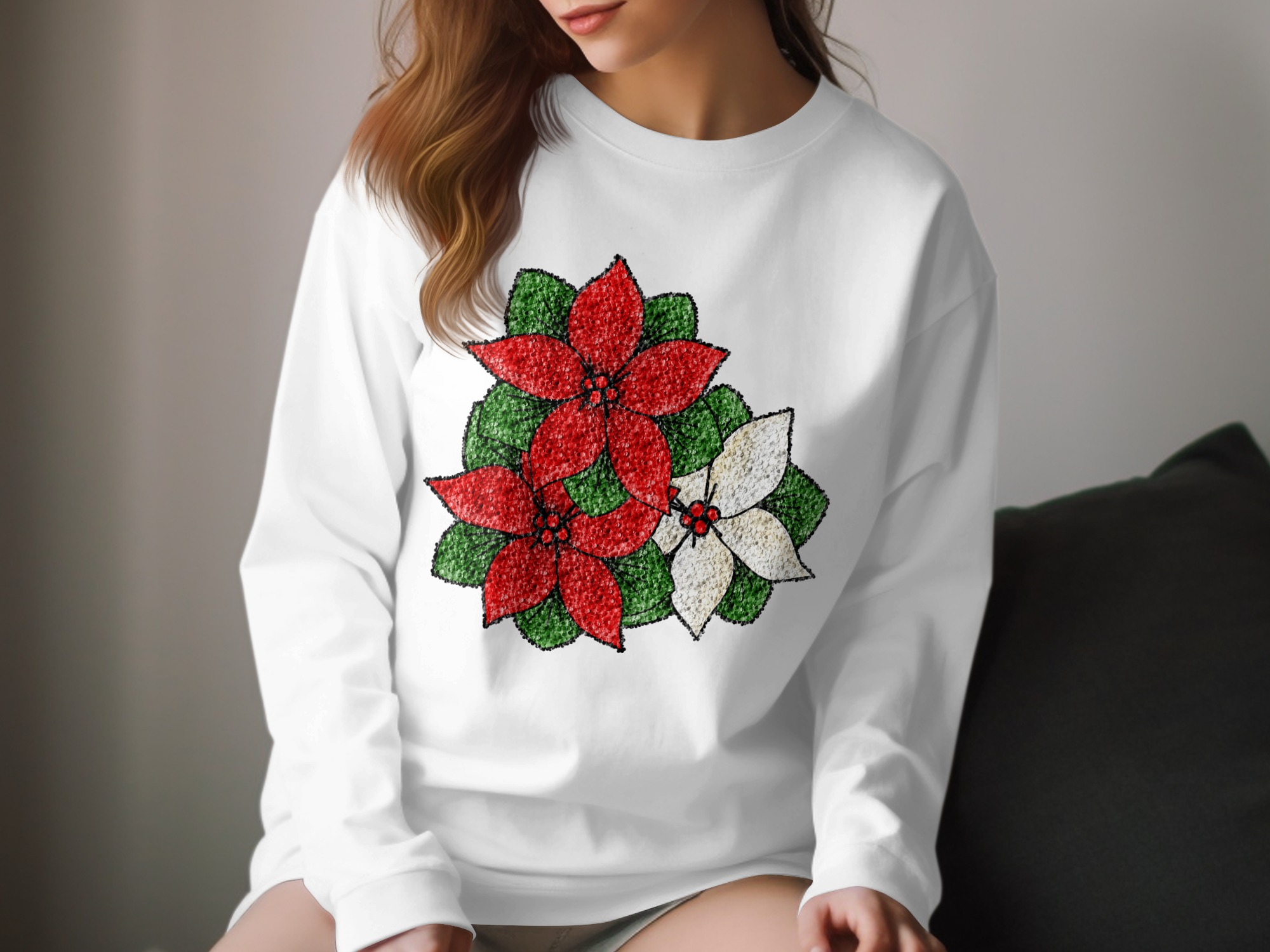 Poinsettia Long Sleeve T-Shirt, Christmas Flower Tee, Holiday Season Apparel, Winter Floral Shirt, Botanical Design