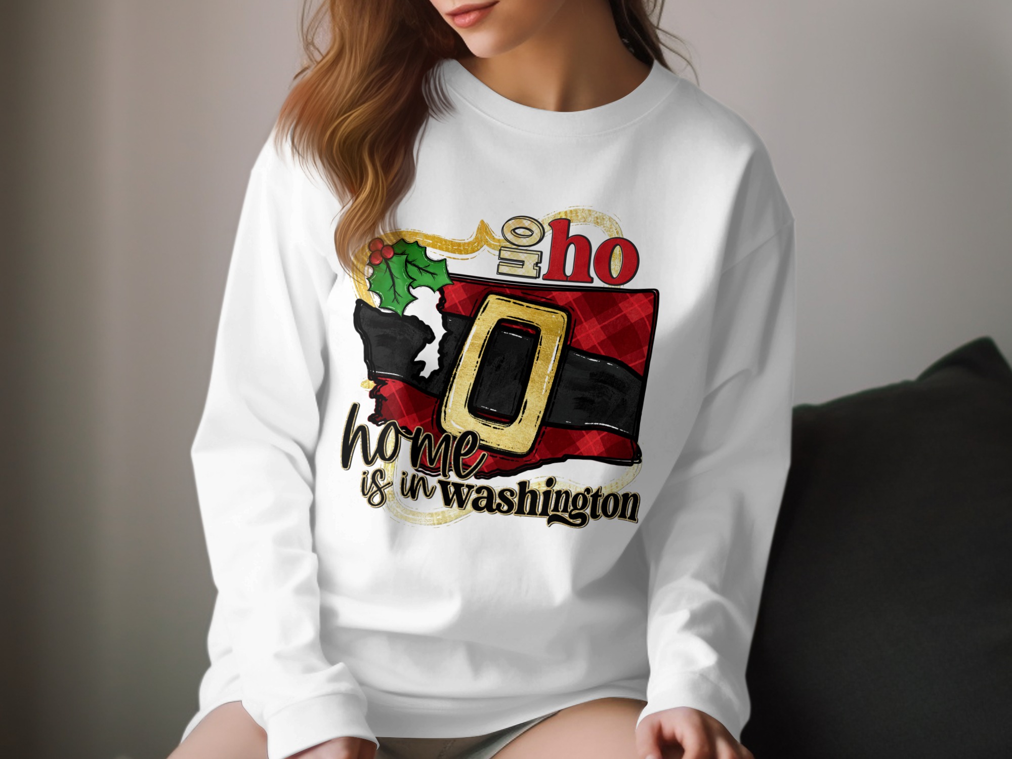 Home is in Washington Long Sleeve T-Shirt, WA Christmas Shirt, Washington State Santa Belt Gift, Holiday Outfit, Xmas Apparel