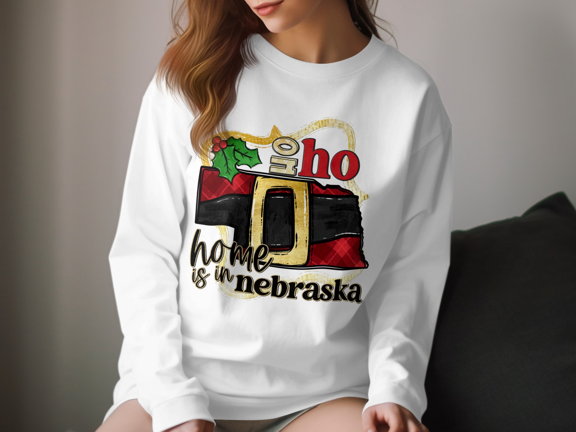 Home is in Nebraska Long Sleeve T-Shirt, Oh Ho Ho State Holiday Shirt, Christmas Shirt, Nebraska State Pride, Holiday Gift, Nebraska Gift