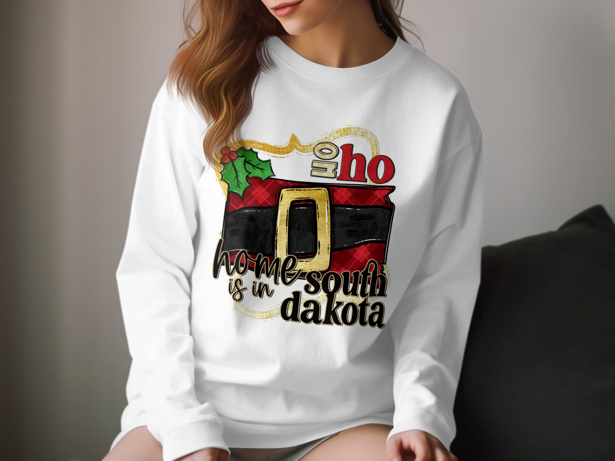 Home South Dakota Long Sleeve T-Shirt, Christmas Gift, Santa Belt, Ho Ho Ho, Holiday Apparel, State Pride, Winter Clothing, Festive Design