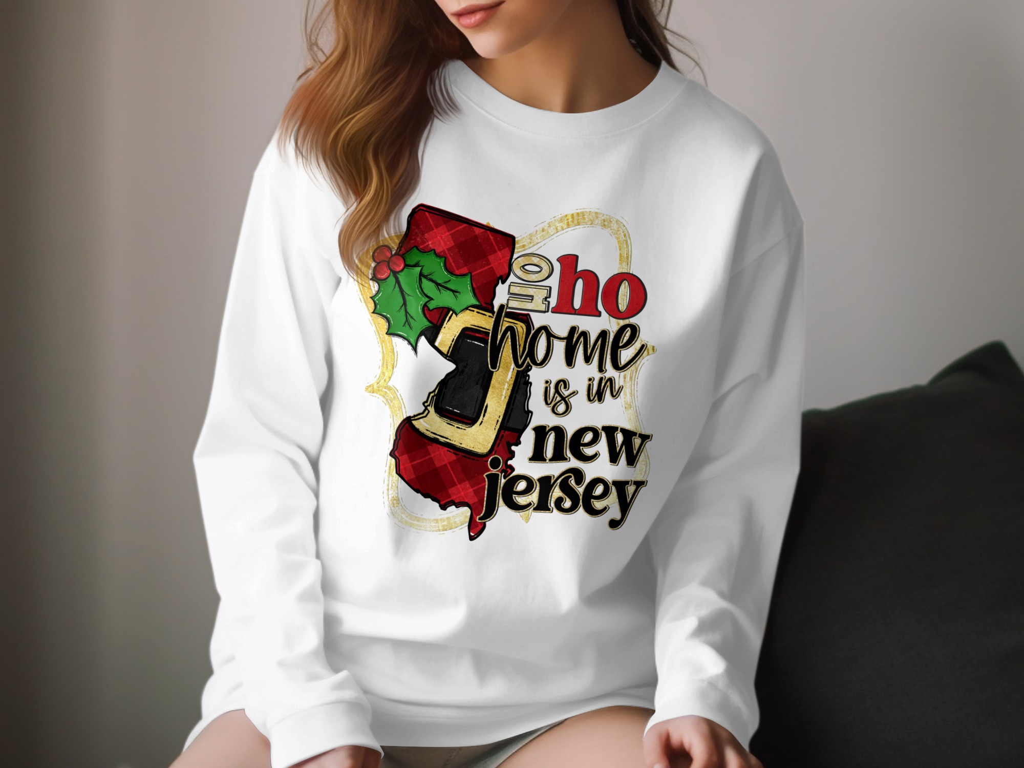 Home is in New Jersey, Holiday Season Long Sleeve T-Shirt, Christmas Theme, State Pride Apparel, New Jersey Lover Tee
